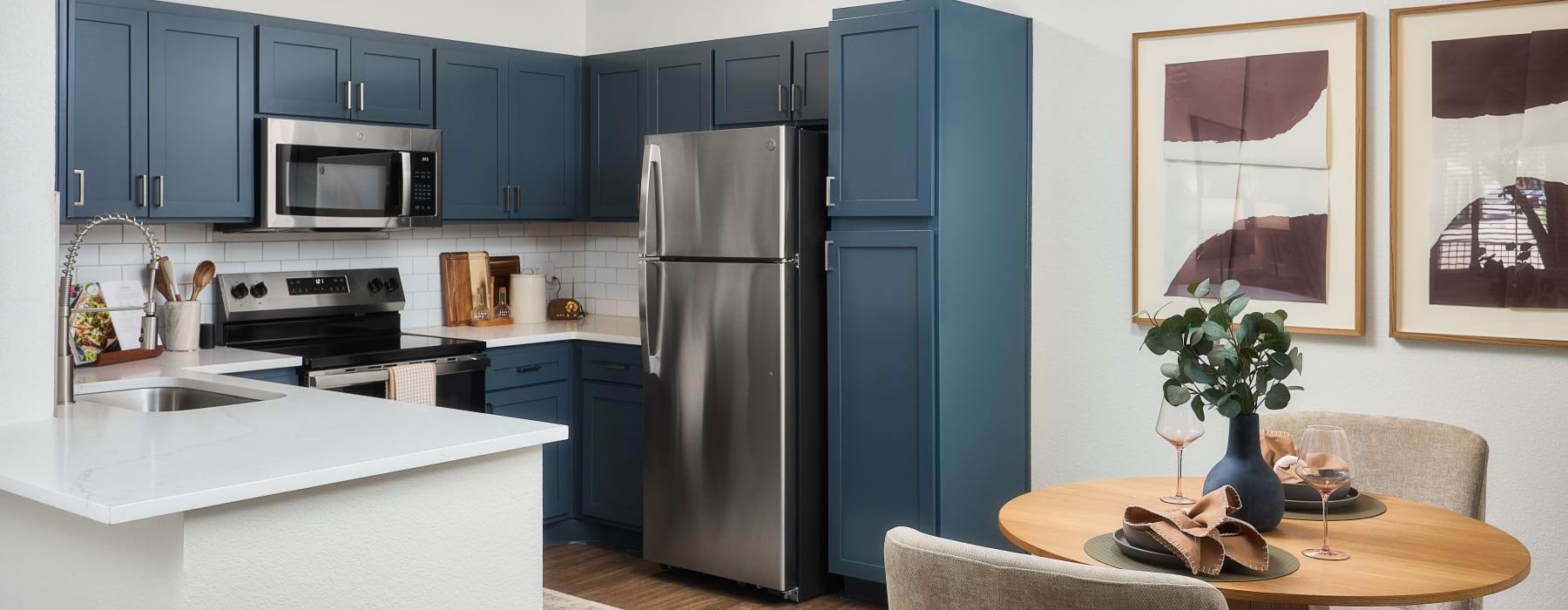 blue cabinets with stainless steel appliances 